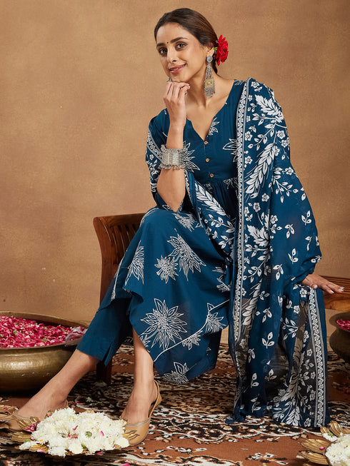 Janasya Women's Teal Blue Pure Cotton Floral Printed A-line Kurta Set